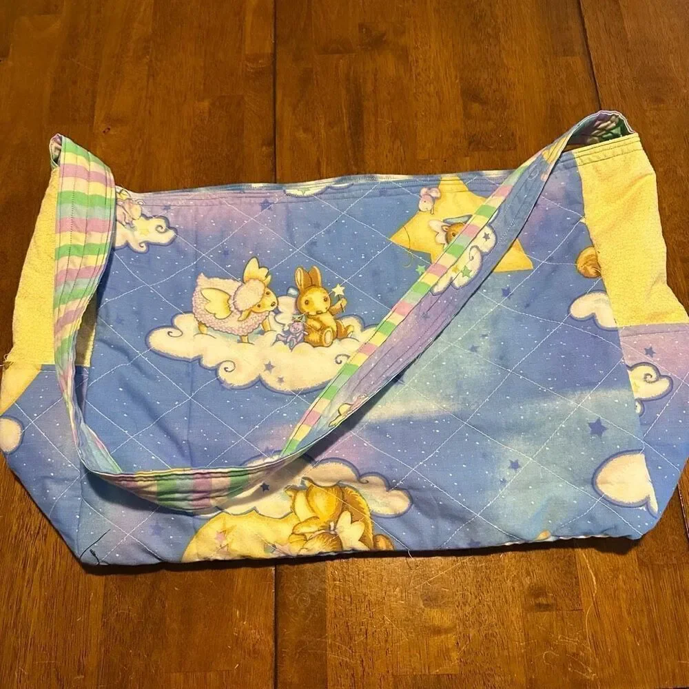 Vintage Style Handmade Quilted Baby Diaper Bag Tote Bear Moon Stars 21”x13”
